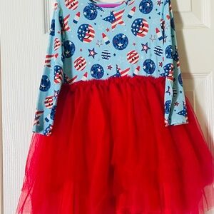 4th of July Long Sleeve Dress with Red Tulle Skirt